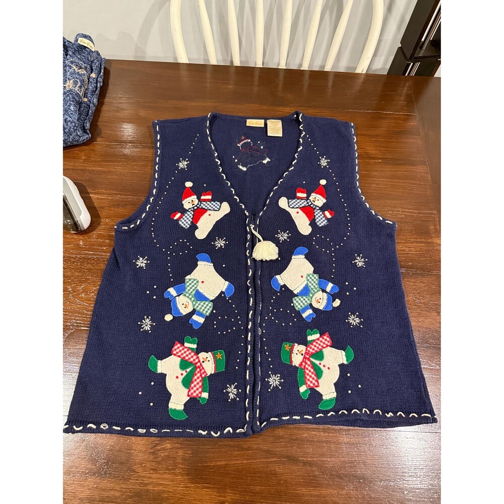 Vintage Bobbie Brooks Snowman Xmas Sweater Vest XL 16/18 Navy Holiday Applique